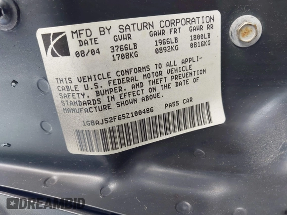 2005 Saturn ION ION 2 z VIN 1G8AJ52F65Z100486, wystawiony jako IAAI lot #42379634 z przebiegiem 106 389 mil mil oraz . Historia ofert i sprzedaży dostępna na DreamBid. Obrazek 9.