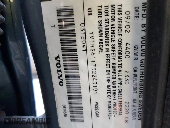 2003 Volvo S60 2.4L with VIN YV1RS61T732243191, listed as a Copart auction lot 43241825 with 89,356 mi miles and Clean Title. Bid and sale history available at carsss.com. Image 12.