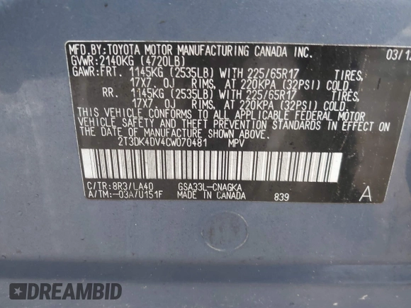 2012 Toyota RAV4 Limited with VIN 2T3DK4DV4CW070481, listed as a IAAI auction lot 42505682 with 154,945 mi miles and . Bid and sale history available at DreamBid. Image 9.