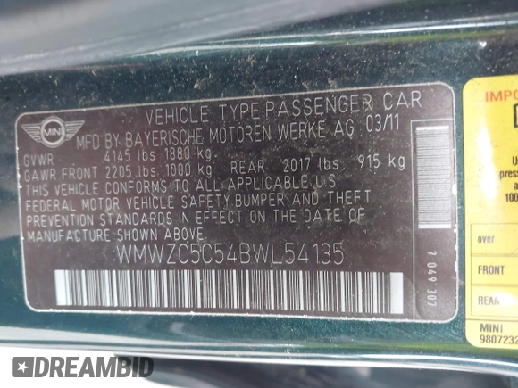 2011 MINI Countryman S with VIN WMWZC5C54BWL54135, listed as a IAAI auction lot 42034897 with 130,082 mi miles and . Bid and sale history available at DreamBid. Image 9.