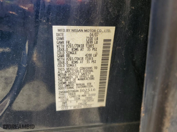 2008 Nissan Titan XE with VIN 1N6BA07D68N302516, listed as a Copart auction lot 42362115 with 225,388 mi miles and Salvage Title. Bid and sale history available at carsss.com. Image 13.