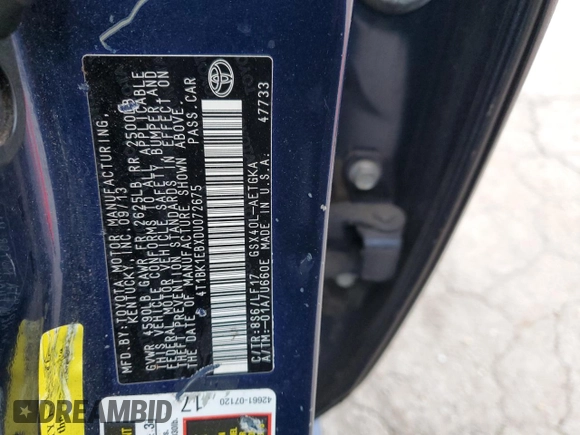 2013 Toyota Avalon XLE with VIN 4T1BK1EBXDU072675, listed as a Copart auction lot 48299645 with 115,153 mi miles and Salvage Title. Bid and sale history available at DreamBid. Image 14.