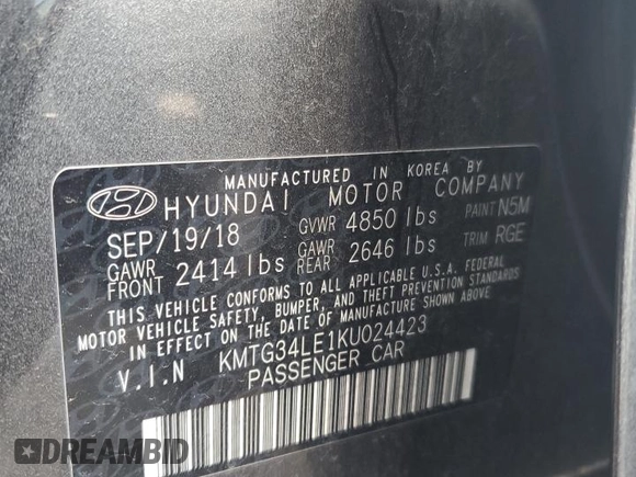 2019 Genesis G70 Dynamic with VIN KMTG34LE1KU024423, listed as a Copart auction lot 44571725 with Not Provided miles and Salvage Title. Bid and sale history available at DreamBid. Image 12.
