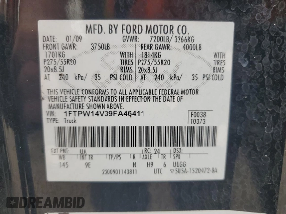 2009 Ford F-150 XL with VIN 1FTPW14V39FA46411, listed as a Copart auction lot 60041665 with 267,792 mi miles and Salvage title. Bid and sale history available at DreamBid. Image 12.
