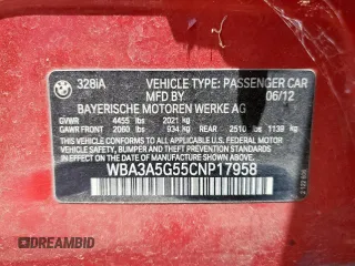 2012 BMW 3 Series 328i z VIN WBA3A5G55CNP17958, wystawiony jako Copart lot #62470935 z przebiegiem 177 158 mil mil oraz Czysty tytuł • Clean title. Historia ofert i sprzedaży dostępna na DreamBid. Obrazek 12.