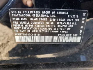 2016 Volkswagen Passat 1.8T SE with VIN 1VWBT7A38GC015188, listed as a Copart auction lot 87378074 with 210,563 mi miles and Salvage Title. Bid and sale history available at carsss.com. Image 14.