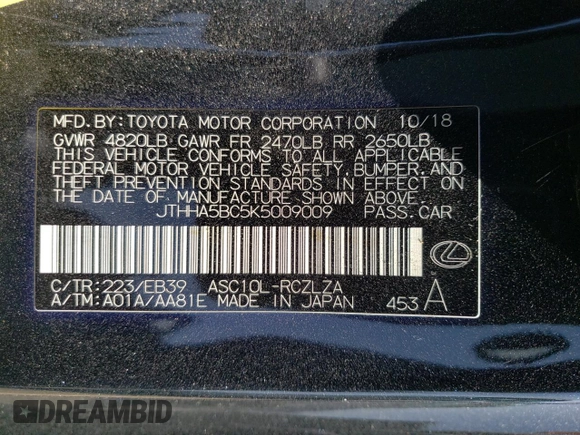 2019 Lexus RC 300 z VIN JTHHA5BC5K5009009, wystawiony jako Copart lot #54414945 z przebiegiem 76 653 mil mil oraz Nie do naprawy • Non repairable. Historia ofert i sprzedaży dostępna na DreamBid. Obrazek 12.