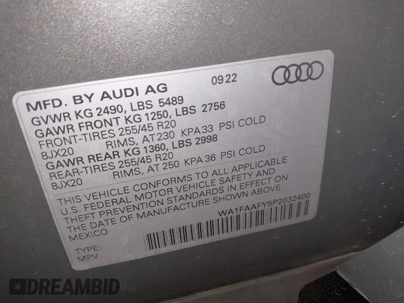 2023 Audi Q5 S line Prestige with VIN WA1FAAFY5P2032400, listed as a IAAI auction lot 41830172 with 24,060 mi miles. Bid and sale history available at carsss.com. Image 9.