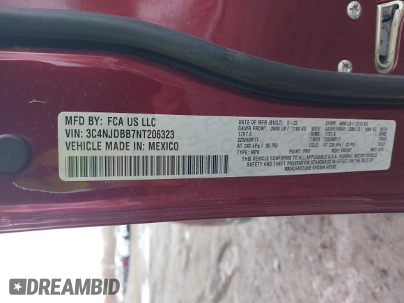 2022 Jeep Compass Latitude with VIN 3C4NJDBB7NT206323, listed as a IAAI auction lot 42038930 with 84,976 mi miles and . Bid and sale history available at DreamBid. Image 9.