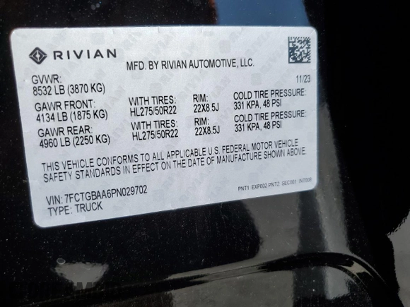 2023 Rivian R1T Adventure z VIN 7FCTGBAA6PN029702, wystawiony jako Copart lot #49833425 z przebiegiem 6608 mil mil oraz Szkody całkowita. Historia ofert i sprzedaży dostępna na DreamBid. Obrazek 12.