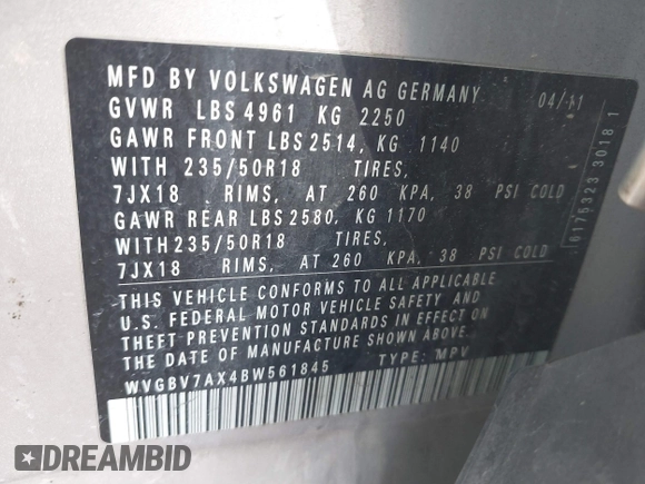 2011 Volkswagen Tiguan SE with VIN WVGBV7AX4BW561845, listed as a IAAI auction lot 41840195 with 171,929 mi miles and . Bid and sale history available at DreamBid. Image 9.