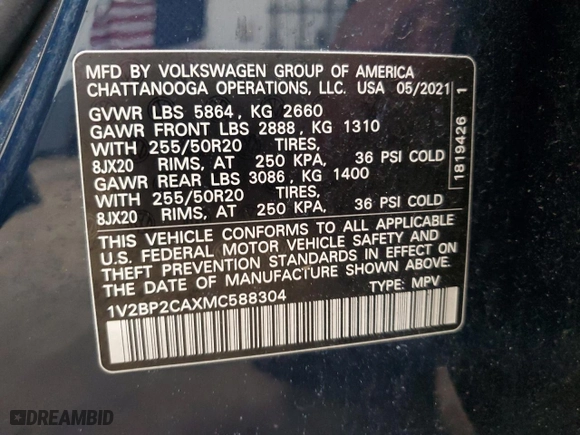 2021 Volkswagen Atlas 2.0T SEL with VIN 1V2BP2CAXMC588304, listed as a Copart auction lot 53980394 with 41,743 mi miles. Bid and sale history available at carsss.com. Image 13.