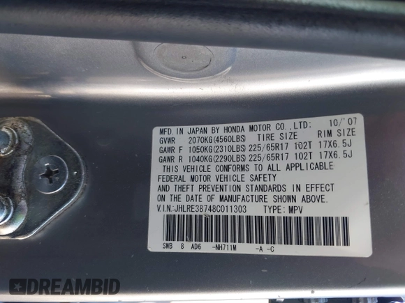 2008 Honda CR-V EX-L with VIN JHLRE38748C011303, listed as a IAAI auction lot 41836072 with 190,785 mi miles and . Bid and sale history available at carsss.com. Image 9.