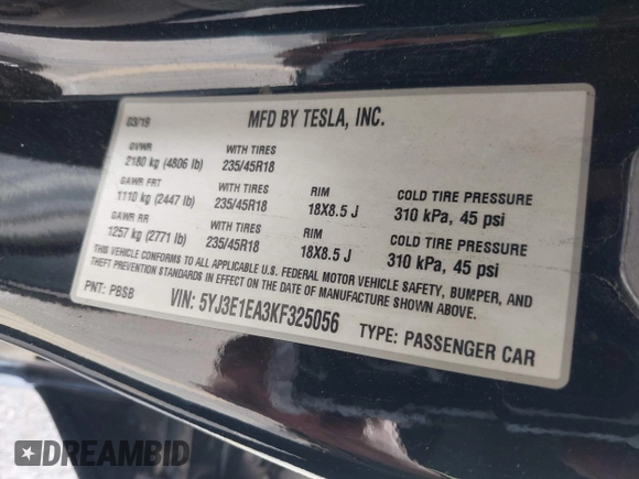 2019 Tesla Model 3 Mid Range with VIN 5YJ3E1EA3KF325056, listed as a IAAI auction lot 41771543 with 183,157 mi miles and . Bid and sale history available at carsss.com. Image 9.