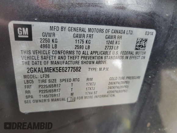 2014 GMC Terrain SLE with VIN 2GKALMEK5E6277582, listed as a Copart auction lot 55046245 with 154,634 mi miles and Salvage Title. Bid and sale history available at DreamBid. Image 13.