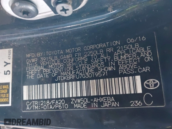 2016 Toyota Prius Two with VIN JTDKBRFU7G3019591, listed as a IAAI auction lot 41892131 with 203,646 mi miles and . Bid and sale history available at carsss.com. Image 9.