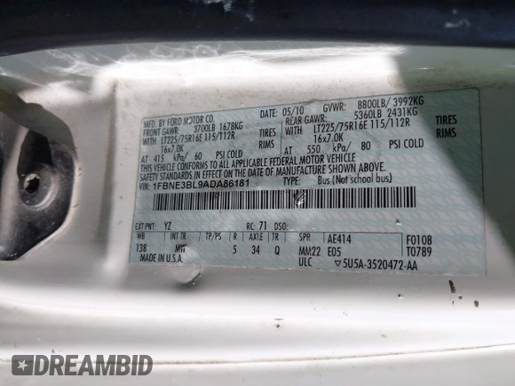 2010 Ford Econoline Passenger XL with VIN 1FBNE3BL9ADA86181, listed as a IAAI auction lot 41892206 with 240,310 mi miles and . Bid and sale history available at DreamBid. Image 9.