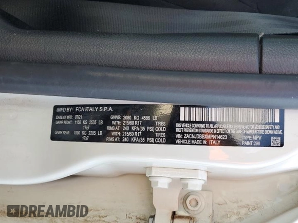 2021 Jeep Renegade Latitude with VIN ZACNJDBBXMPN14623, listed as a Copart auction lot 58861485 with 39,714 mi miles and Clean title. Bid and sale history available at DreamBid. Image 13.