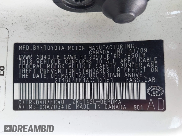 2010 Toyota Corolla with VIN 2T1BU4EE1AC312151, listed as a IAAI auction lot 42761709 with 121,356 mi miles and . Bid and sale history available at DreamBid. Image 9.