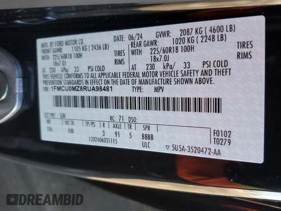 2024 Ford Escape ST-Line with VIN 1FMCU0MZ8RUA98481, listed as a Copart auction lot 42527795 with 8,486 mi miles and Salvage Title. Bid and sale history available at DreamBid. Image 12.