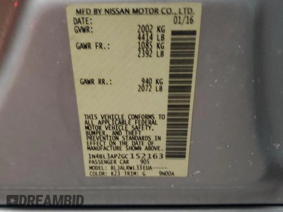 2016 Nissan Altima SR with VIN 1N4BL3AP2GC152163, listed as a Copart auction lot 45178985 with 106,277 mi miles and Salvage Title. Bid and sale history available at carsss.com. Image 12.