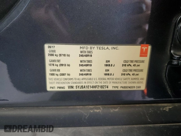 2017 Tesla Model S 60 with VIN 5YJSA1E14HF218274, listed as a Copart auction lot 48485405 with 126,451 mi miles and Salvage title. Bid and sale history available at DreamBid. Image 12.