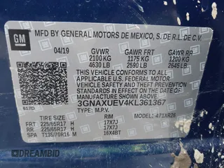 2019 Chevrolet Equinox LT with VIN 3GNAXUEV4KL361367, listed as a IAAI auction lot 41931983 with 59,115 mi miles and . Bid and sale history available at carsss.com. Image 9.
