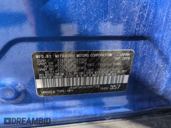2020 Mitsubishi Outlander ES with VIN JA4AP3AU3LU007728, listed as a Copart auction lot 57160025 with 75,295 mi miles and Salvage title. Bid and sale history available at DreamBid. Image 14.