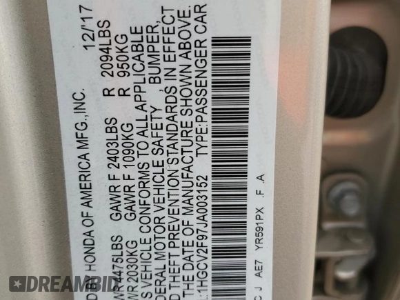 2018 Honda Accord Touring z VIN 1HGCV2F97JA003152, wystawiony jako Copart lot #54576185 z przebiegiem 111 310 mil mil oraz Szkoda całkowita • Salvage title. Historia ofert i sprzedaży dostępna na DreamBid. Obrazek 12.