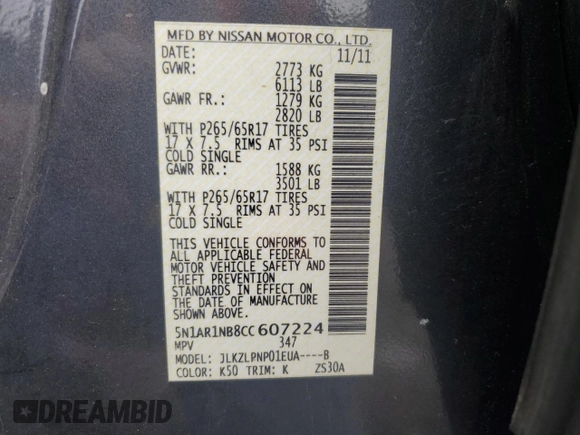 2012 Nissan Pathfinder Silver Edition with VIN 5N1AR1NB8CC607224, listed as a Copart auction lot 58164815 with 201,647 mi miles and Clean title. Bid and sale history available at DreamBid. Image 13.