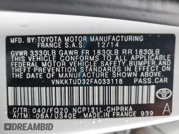 2015 Toyota Yaris L with VIN VNKKTUD32FA033118, listed as a Copart auction lot 56031875 with 111,306 mi miles and Salvage Title. Bid and sale history available at DreamBid. Image 12.