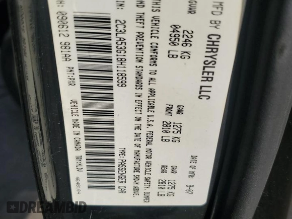 2008 Chrysler 300 Touring with VIN 2C3LA53G18H118599, listed as a Copart auction lot 54828895 with 81,263 mi miles and Salvage Title. Bid and sale history available at carsss.com. Image 13.