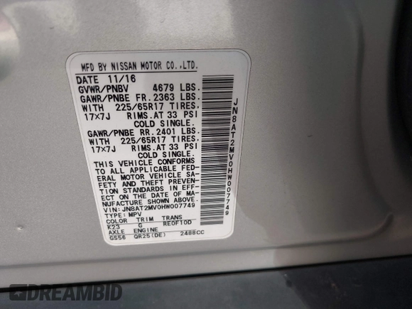 2017 Nissan Rogue S with VIN JN8AT2MV0HW007749, listed as a IAAI auction lot 41894065 with 75,411 mi miles and . Bid and sale history available at carsss.com. Image 9.