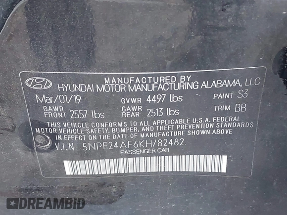 2019 Hyundai Sonata SE with VIN 5NPE24AF6KH782482, listed as a IAAI auction lot 41994023 with 107,610 mi miles and . Bid and sale history available at carsss.com. Image 9.