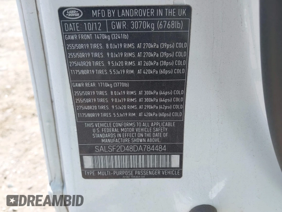 2013 Land Rover Range Rover Sport HSE with VIN SALSF2D48DA784484, listed as a IAAI auction lot 42300677 with 175,993 mi miles and . Bid and sale history available at DreamBid. Image 9.