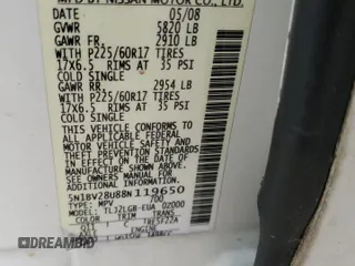 2008 Nissan Quest SE with VIN 5N1BV28U88N119650, listed as a Copart auction lot 84724794 with 0 mi miles and Salvage Title. Bid and sale history available at carsss.com. Image 16.