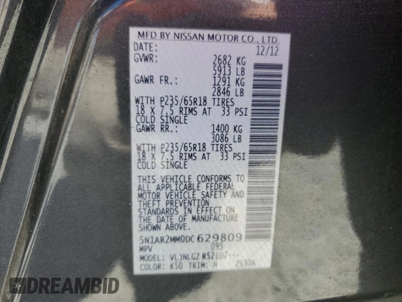 2013 Nissan Pathfinder SL z VIN 5N1AR2MM0DC629809, wystawiony jako Copart lot #60355695 z przebiegiem 92 617 mil mil oraz Czysty tytuł • Clean title. Historia ofert i sprzedaży dostępna na DreamBid. Obrazek 13.