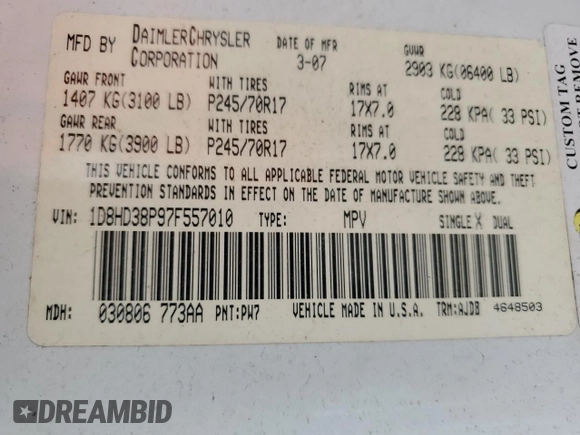 2007 Dodge Durango SXT with VIN 1D8HD38P97F557010, listed as a Copart auction lot 64879915 with 131,101 mi miles and Salvage title. Bid and sale history available at DreamBid. Image 13.