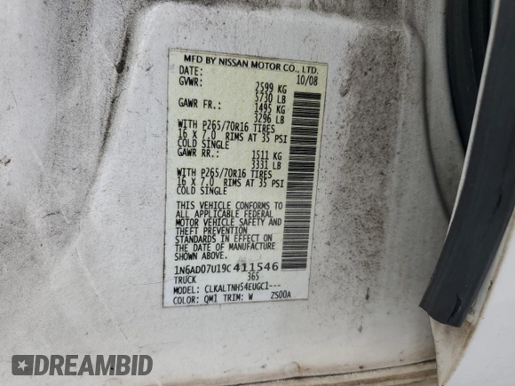 2009 Nissan Frontier SE with VIN 1N6AD07U19C411546, listed as a Copart auction lot 57683625 with 216,492 mi miles and Salvage title. Bid and sale history available at DreamBid. Image 12.
