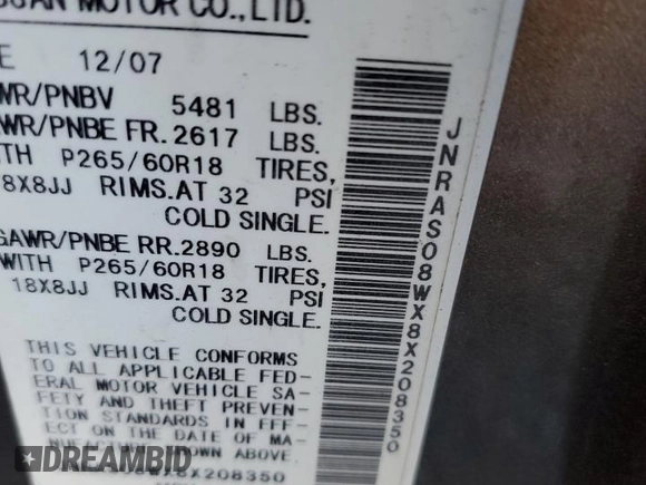 2008 Infiniti FX with VIN JNRAS08WX8X208350, listed as a Copart auction lot 76717914 with Not Provided miles and Salvage Title. Bid and sale history available at DreamBid. Image 13.