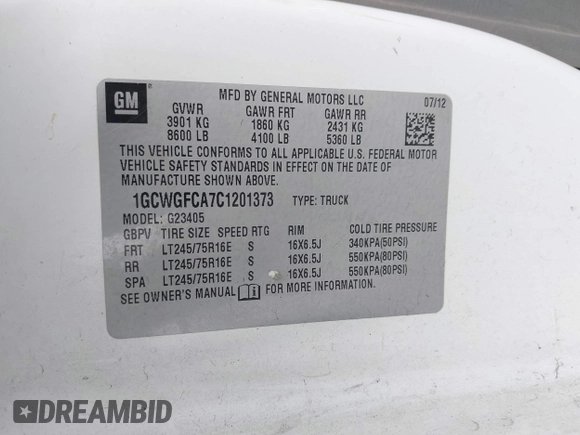 2012 Chevrolet Express Cargo z VIN 1GCWGFCA7C1201373, wystawiony jako IAAI lot #42414621 z przebiegiem 181 807 mil mil oraz . Historia ofert i sprzedaży dostępna na DreamBid. Obrazek 9.
