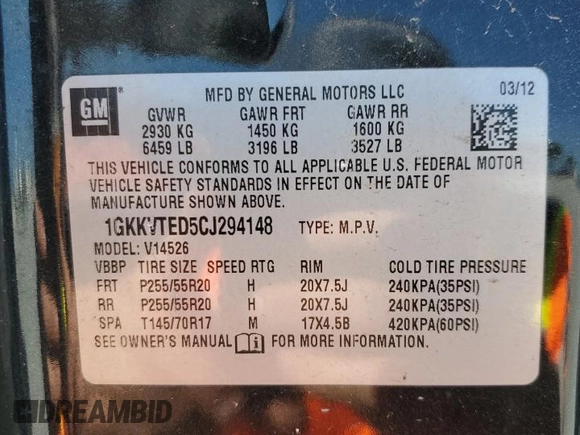 2012 GMC Acadia Denali with VIN 1GKKVTED5CJ294148, listed as a Copart auction lot 55085645 with 0 mi miles and Clean Title. Bid and sale history available at carsss.com. Image 13.
