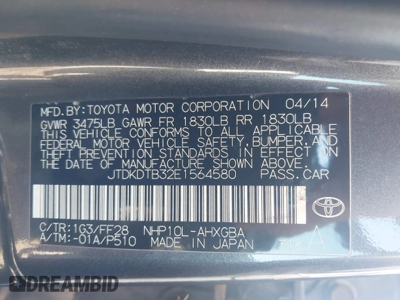2014 Toyota Prius One with VIN JTDKDTB32E1564580, listed as a IAAI auction lot 41972541 with 186,673 mi miles and . Bid and sale history available at DreamBid. Image 9.