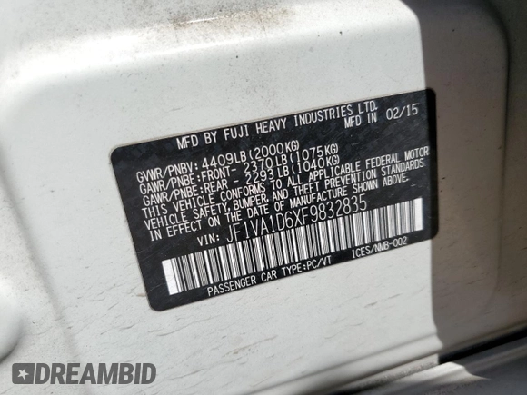 2015 Subaru WRX Premium with VIN JF1VA1D6XF9832835, listed as a Copart auction lot 49466095 with 94,836 mi miles and Salvage Title. Bid and sale history available at carsss.com. Image 13.
