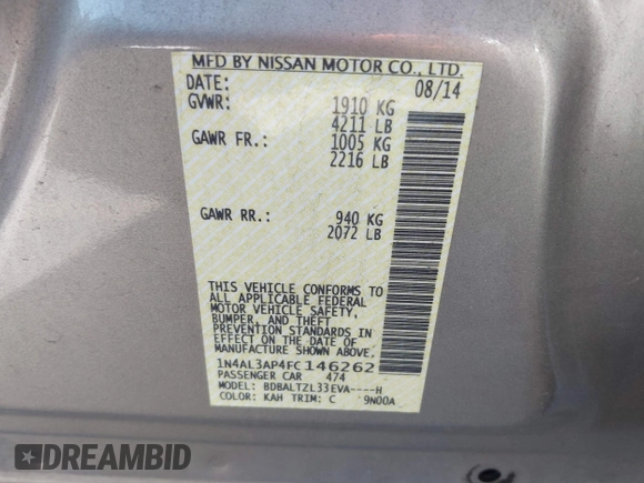 2015 Nissan Altima SL with VIN 1N4AL3AP4FC146262, listed as a IAAI auction lot 41954875 with 105,706 mi miles and . Bid and sale history available at DreamBid. Image 9.