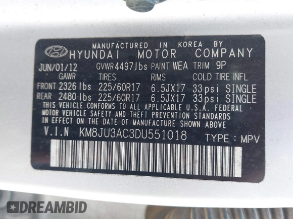 2013 Hyundai Tucson GLS with VIN KM8JU3AC3DU551018, listed as a IAAI auction lot 41988305 with 214,728 mi miles. Bid and sale history available at carsss.com. Image 9.