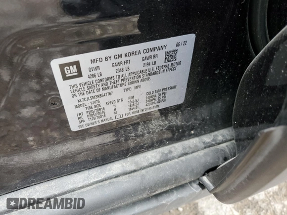 2022 Chevrolet Trax LT with VIN KL7CJLSM3NB547767, listed as a Copart auction lot 47861944 with 17,647 mi miles and Salvage Title. Bid and sale history available at carsss.com. Image 13.