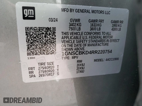 2024 Chevrolet Suburban LS with VIN 1GNSCBKD4RR220754, listed as a Copart auction lot 85854184 with 8,580 mi miles and Salvage Title. Bid and sale history available at DreamBid. Image 13.