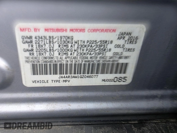 2016 Mitsubishi Outlander Sport 2.4 ES with VIN JA4AR3AW1GZ046077, listed as a Copart auction lot 48413135 with 99,790 mi miles and Clean Title. Bid and sale history available at carsss.com. Image 10.