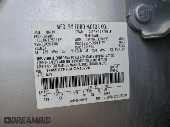 2020 Ford Explorer Limited с VIN 1FMSK7FH6LGA10726, выставлен на аукционе Copart как лот 59032345 с пробегом Не указан миль и Списание • Salvage title. История ставок и продаж доступна на DreamBid. Изображение 13.